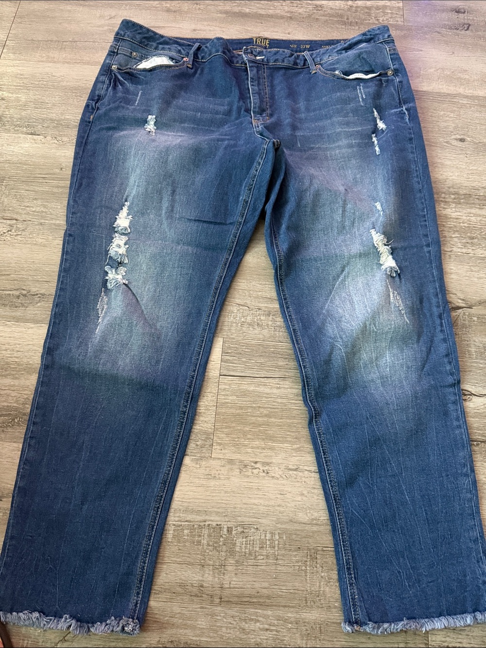True Craft Women’s Distressed Boyfriend Jeans - Dark Blue Wash